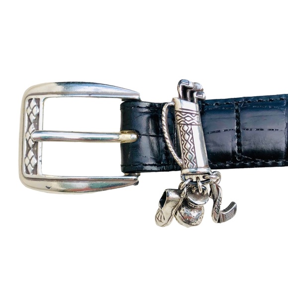 Brighton black textured leather golf belt with 3 charms and reptile skin Sz S/28 - Picture 4 of 16